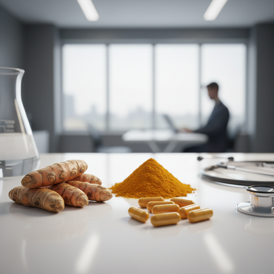 Curcumin capsules, turmeric root and turmeric powder on clean clinical surface representing evidence-based turmeric use in cancer support