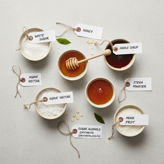 Flat lay of white sugar, honey, maple syrup, agave, stevia, sugar alcohols and monk fruit sweetener for glycaemic index comparison in cancer diet